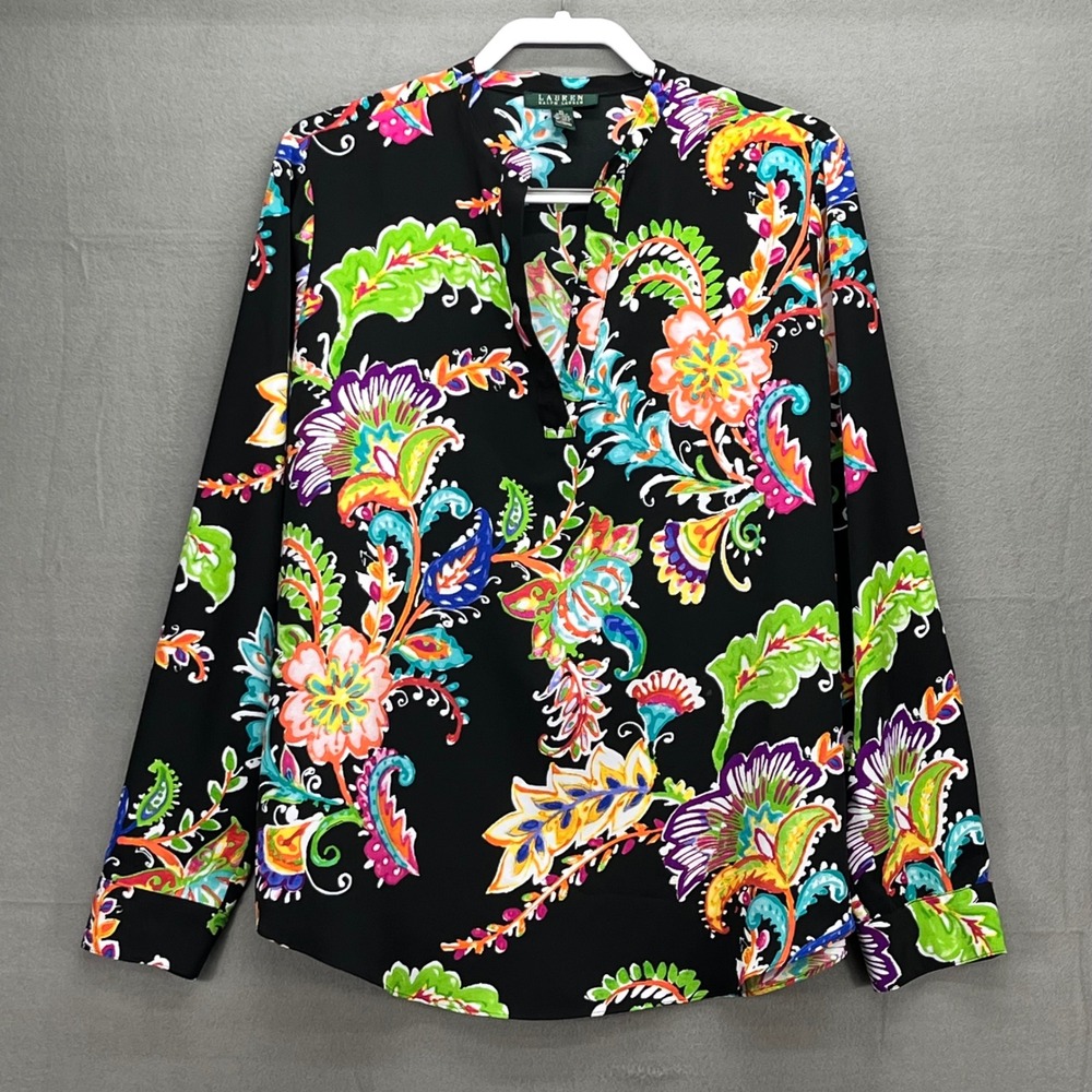 Lauren Ralph Lauren XL Black Multi Color Paisley Floral Split Neck Blouse Top